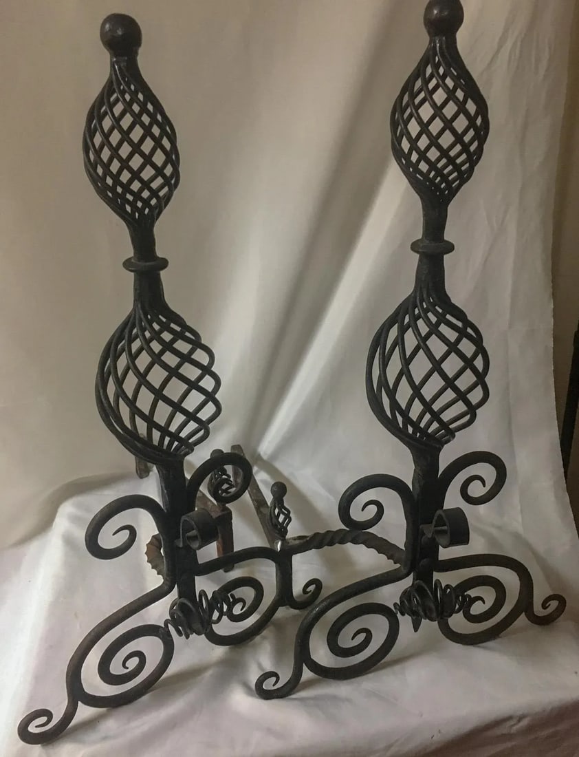 19thc Monumental Size Hand-Forged Spanish Colonial Wrought Iron Pair Andirons - 8