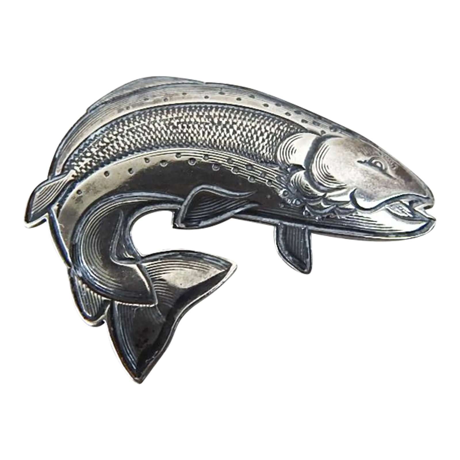 Small Vintage Kit Carson Sterling Silver Fish Pin: Small vintage Kit Carson sterling silver engraved trout pin. Stamped on back, overall patina. Condition: Alterations: Original Condition Unaltered Imperfections: Some Imperfections Condition Notes: ov