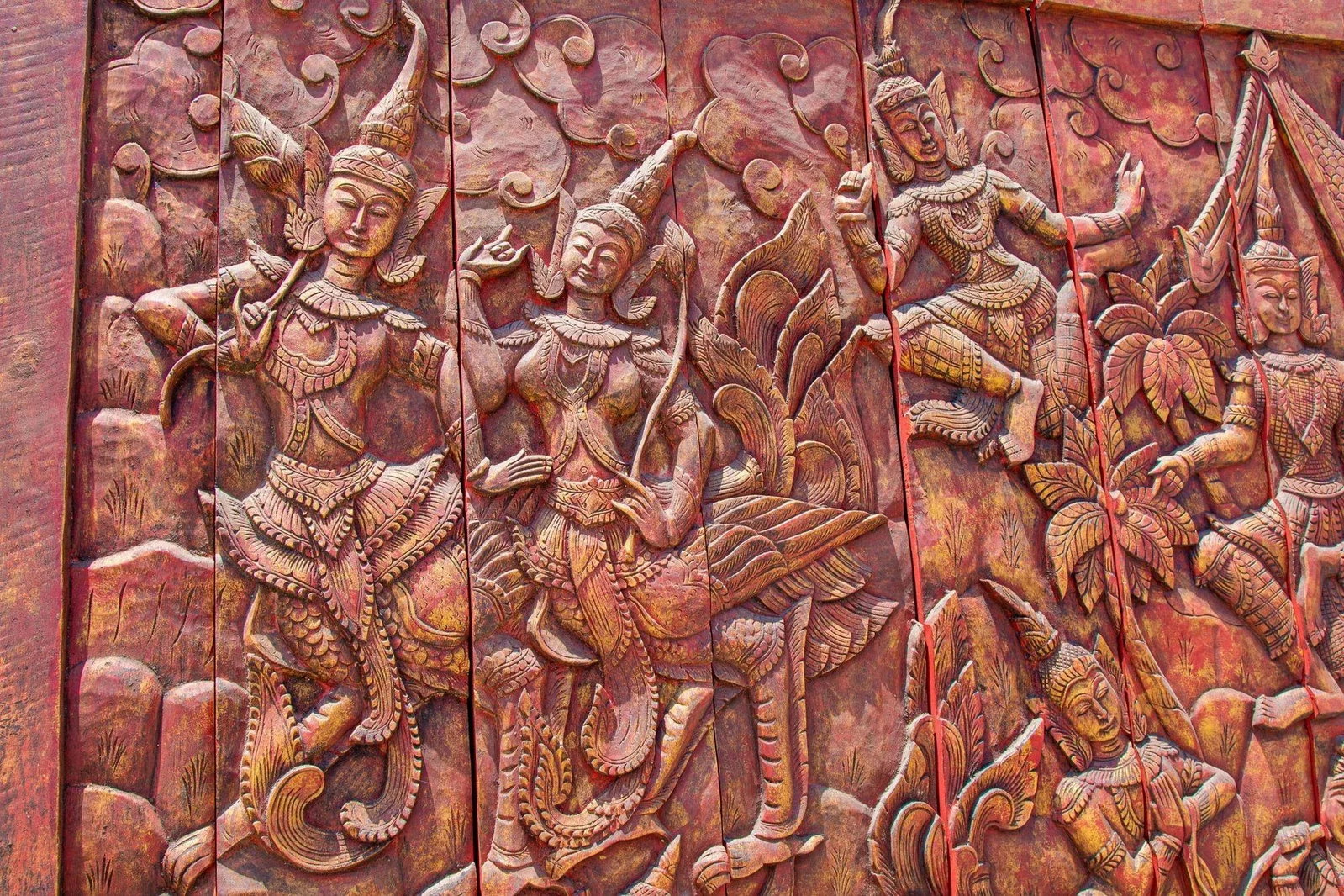 Antique Monumental Asian Hand-Carved Wooden Decorative Mural Panel 8ft - 10