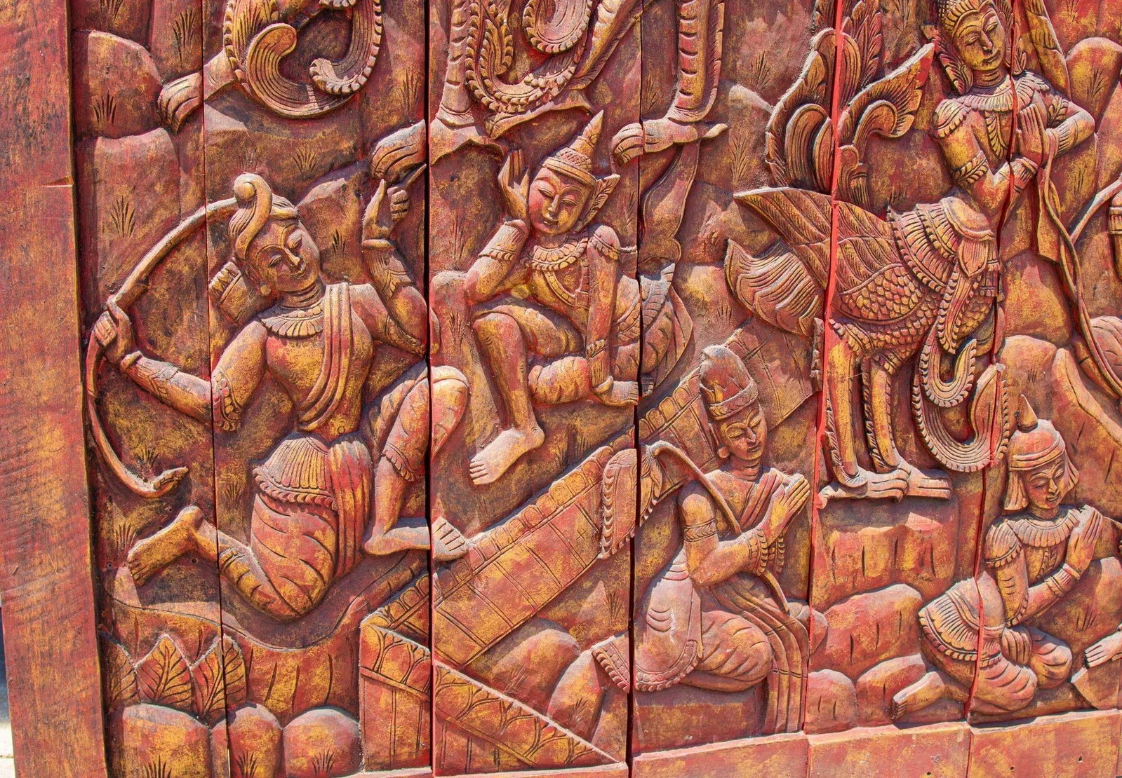 Antique Monumental Asian Hand-Carved Wooden Decorative Mural Panel 8ft - 11