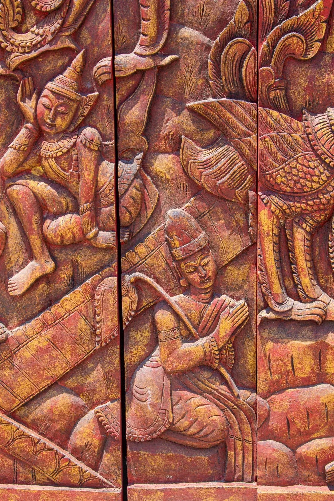 Antique Monumental Asian Hand-Carved Wooden Decorative Mural Panel 8ft - 12