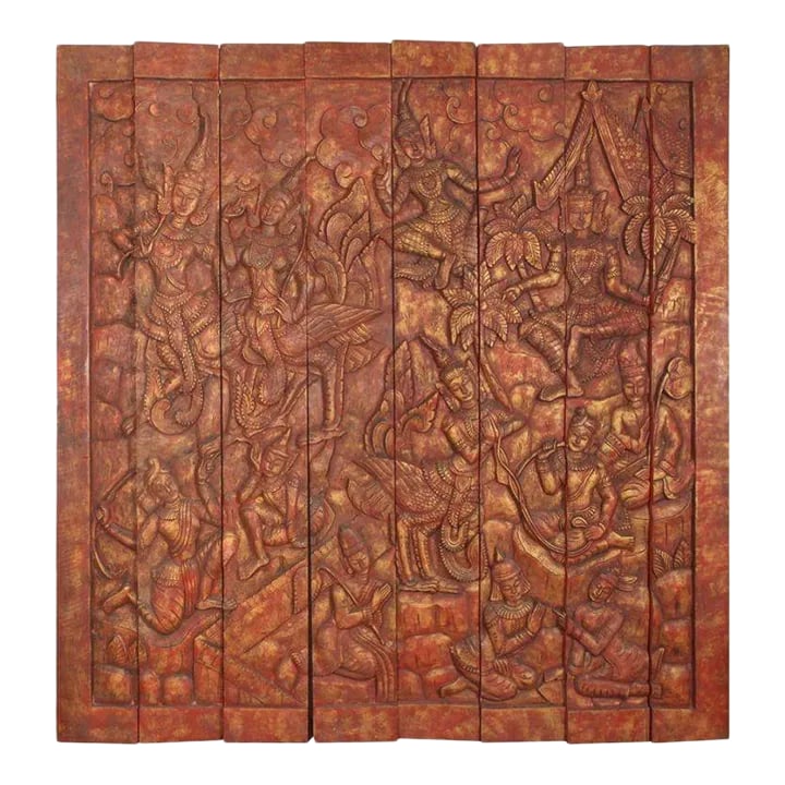 Antique Monumental Asian Hand-Carved Wooden Decorative Mural Panel 8ft (1 of 12)