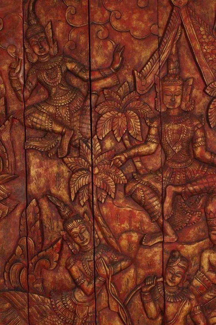 Antique Monumental Asian Hand-Carved Wooden Decorative Mural Panel 8ft - 2