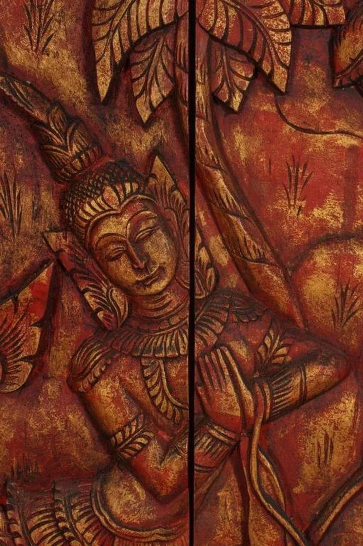 Antique Monumental Asian Hand-Carved Wooden Decorative Mural Panel 8ft - 3