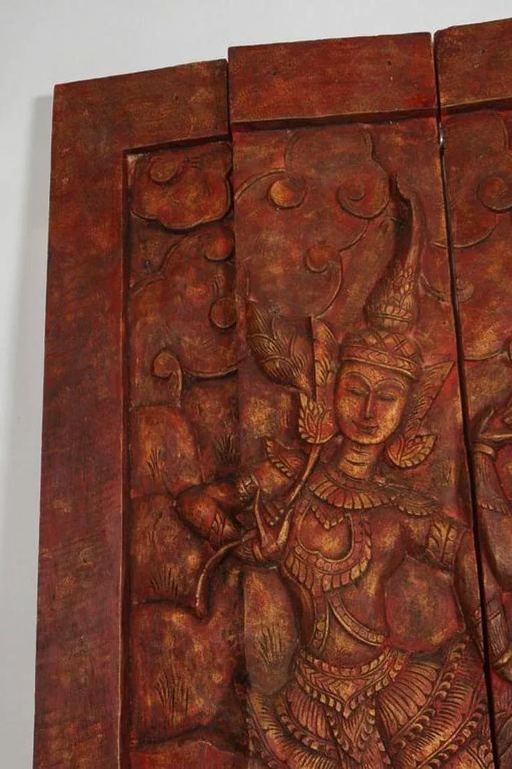 Antique Monumental Asian Hand-Carved Wooden Decorative Mural Panel 8ft - 4