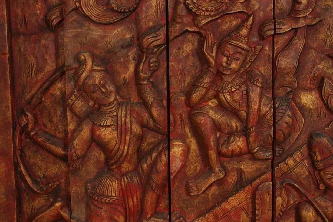Antique Monumental Asian Hand-Carved Wooden Decorative Mural Panel 8ft - 5