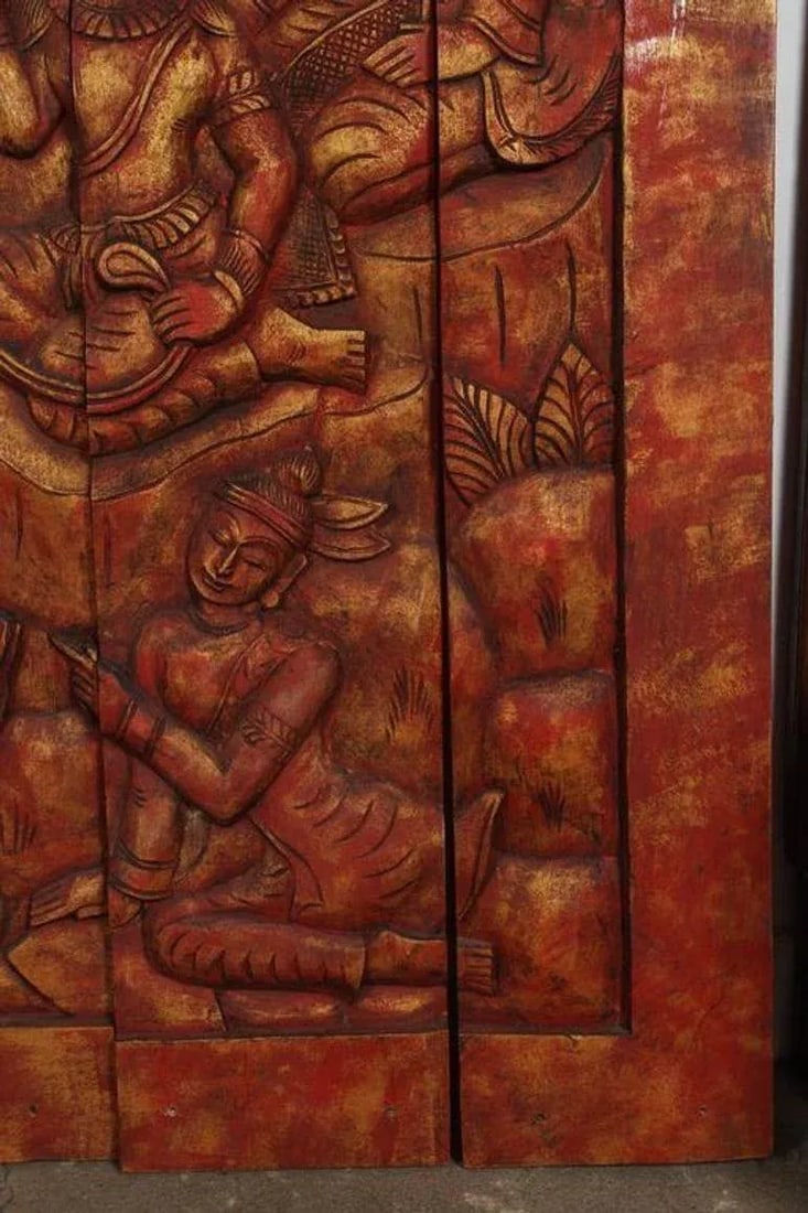 Antique Monumental Asian Hand-Carved Wooden Decorative Mural Panel 8ft - 6