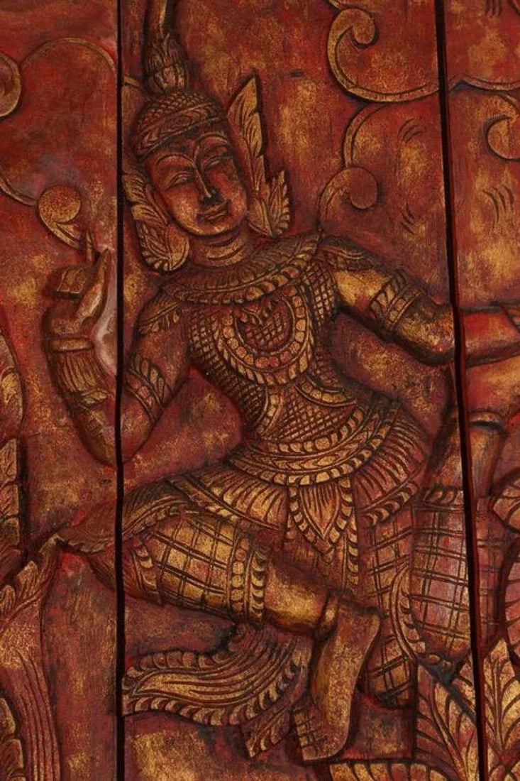 Antique Monumental Asian Hand-Carved Wooden Decorative Mural Panel 8ft - 7
