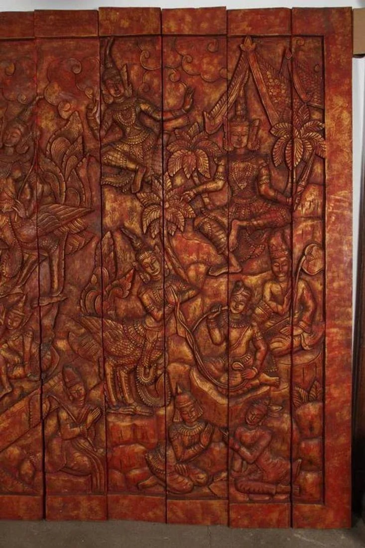 Antique Monumental Asian Hand-Carved Wooden Decorative Mural Panel 8ft - 8
