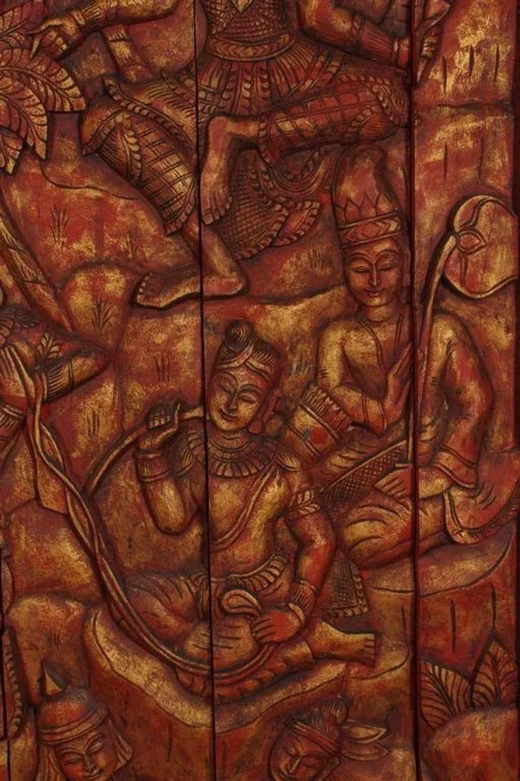 Antique Monumental Asian Hand-Carved Wooden Decorative Mural Panel 8ft - 9