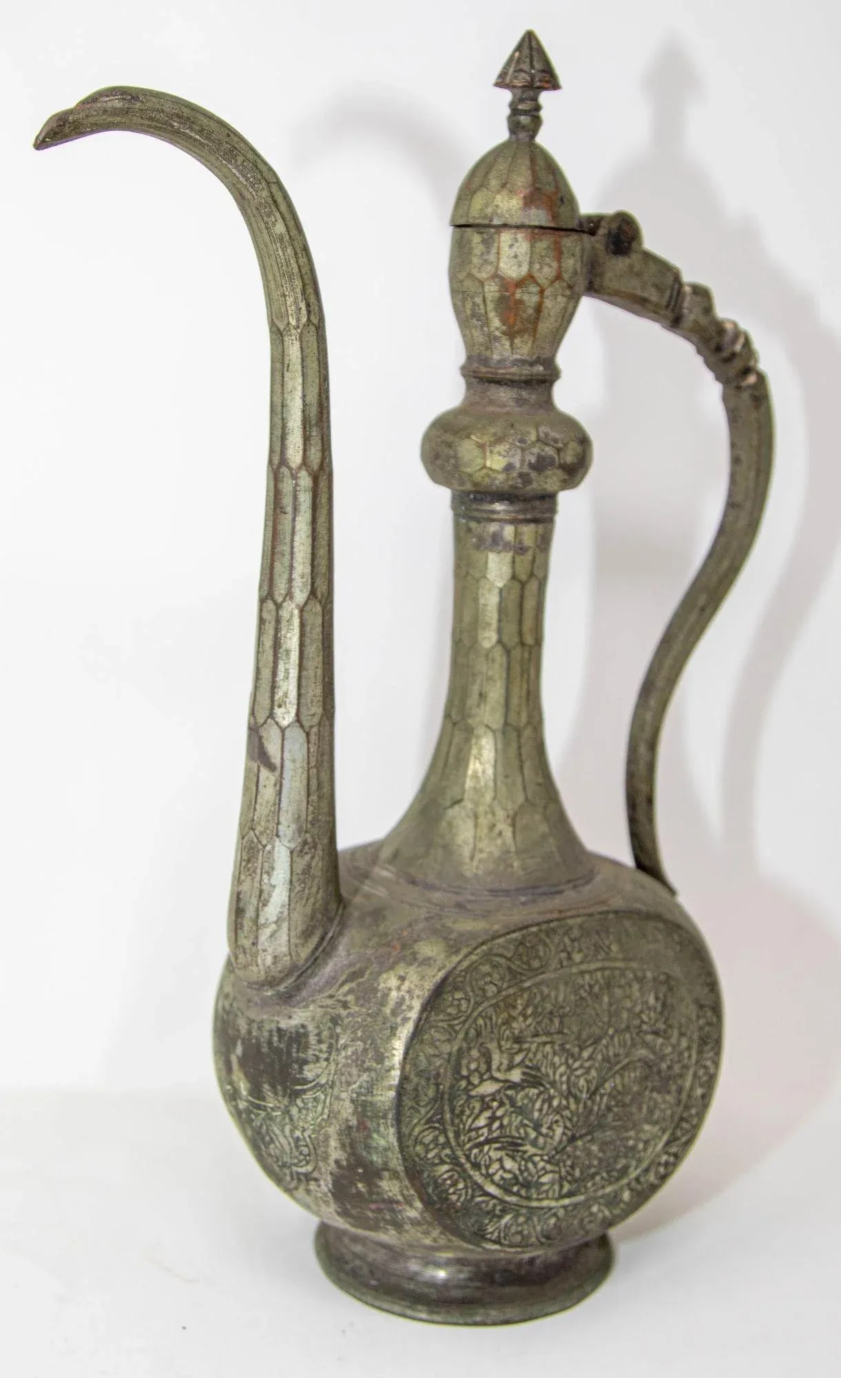 Antique Islamic Middle Eastern Qajar Persian Tinned Metal Ewer 19th Century - 8
