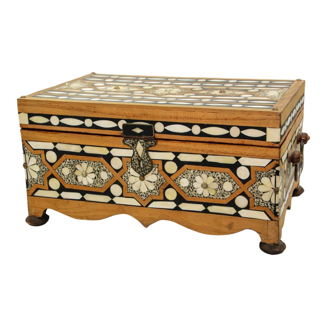 Moroccan Dowry Box Inlaid With White Camel Bone Rectangular Carved Wood Trunk (1 of 12)