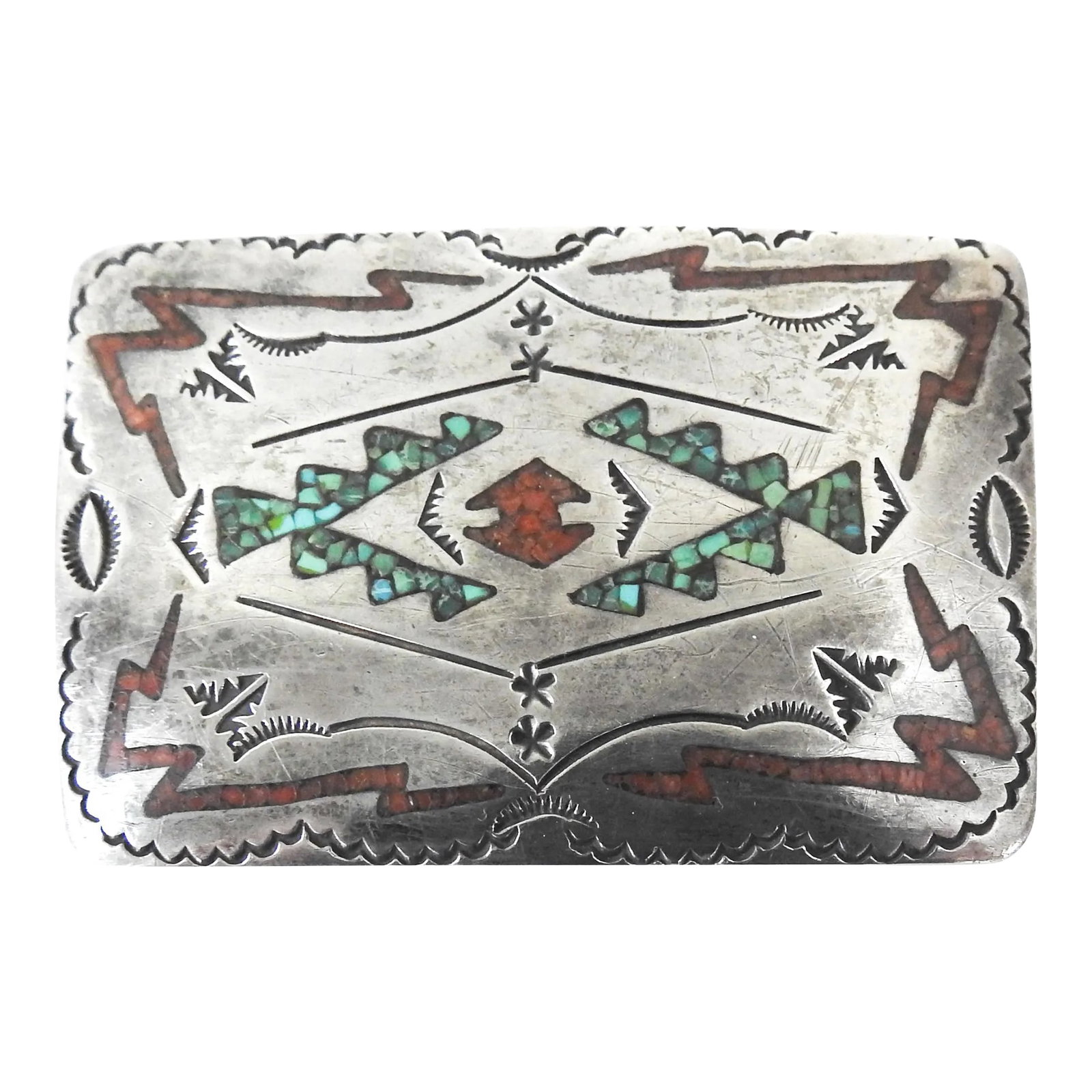 Vintage Silver With Turquoise and Coral Inlay Buckle Begay: Vintage 1970's handmade silver buckle with turquoise and coral chip inlay design. Signed Begay on back, fits up to a 1.5" belt. Overall patina. Condition: Alterations: Original Condition Unaltered Imp
