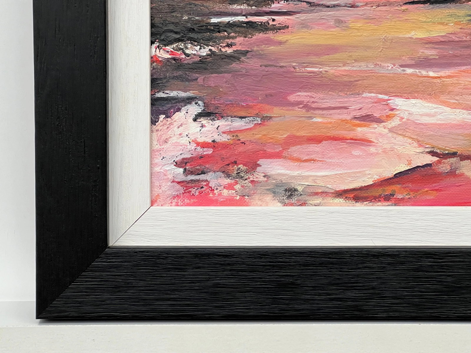 Impasto Abstract Landscape Seascape Framed Painting With Pink Red Black & Golden Yellow, 2024 - 7