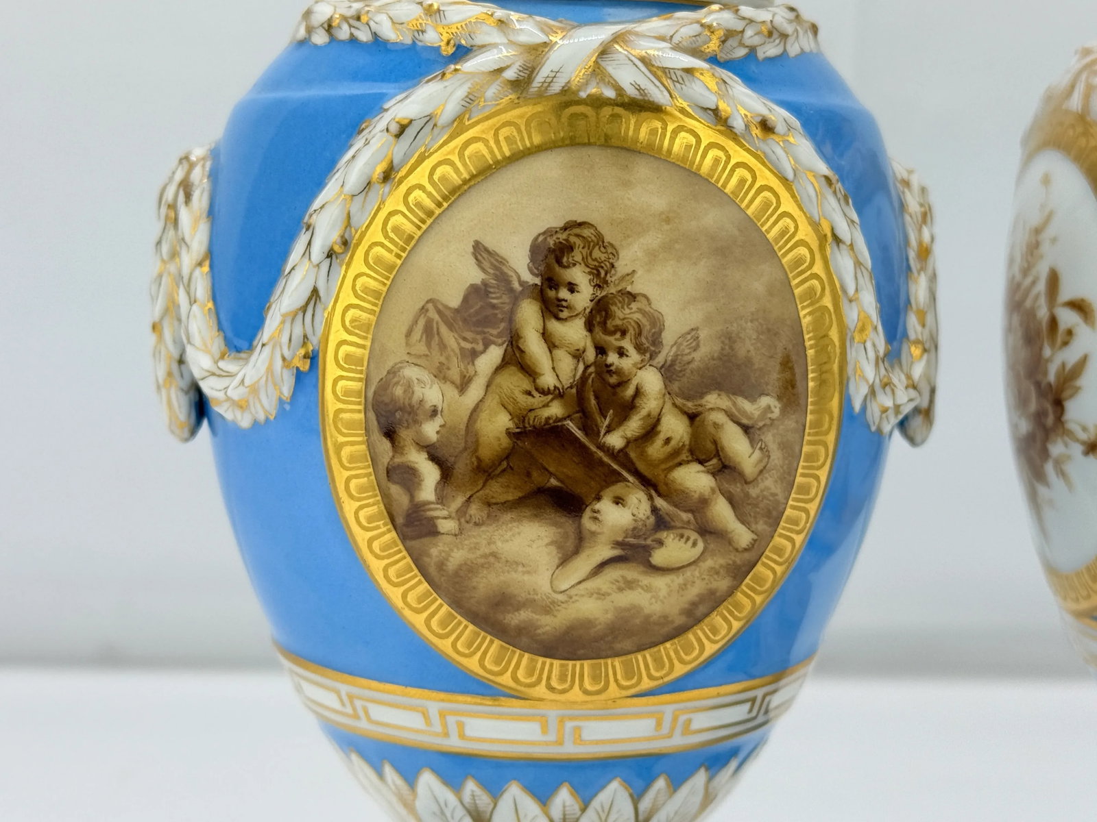 19th C. Kpm Porcelain Celestial Blue Ground & Grisaille Window Urns - Pair - 2