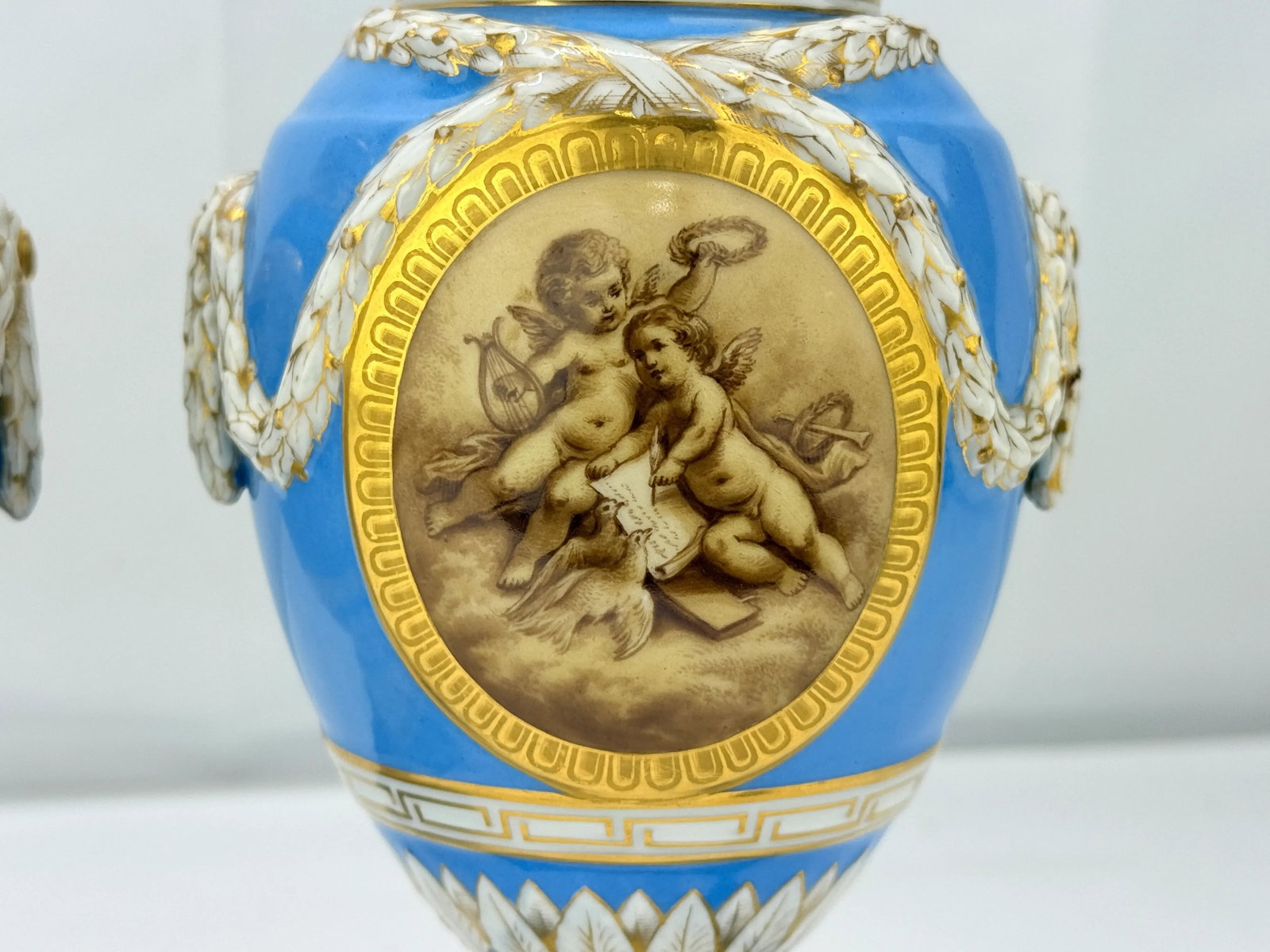 19th C. Kpm Porcelain Celestial Blue Ground & Grisaille Window Urns - Pair - 3