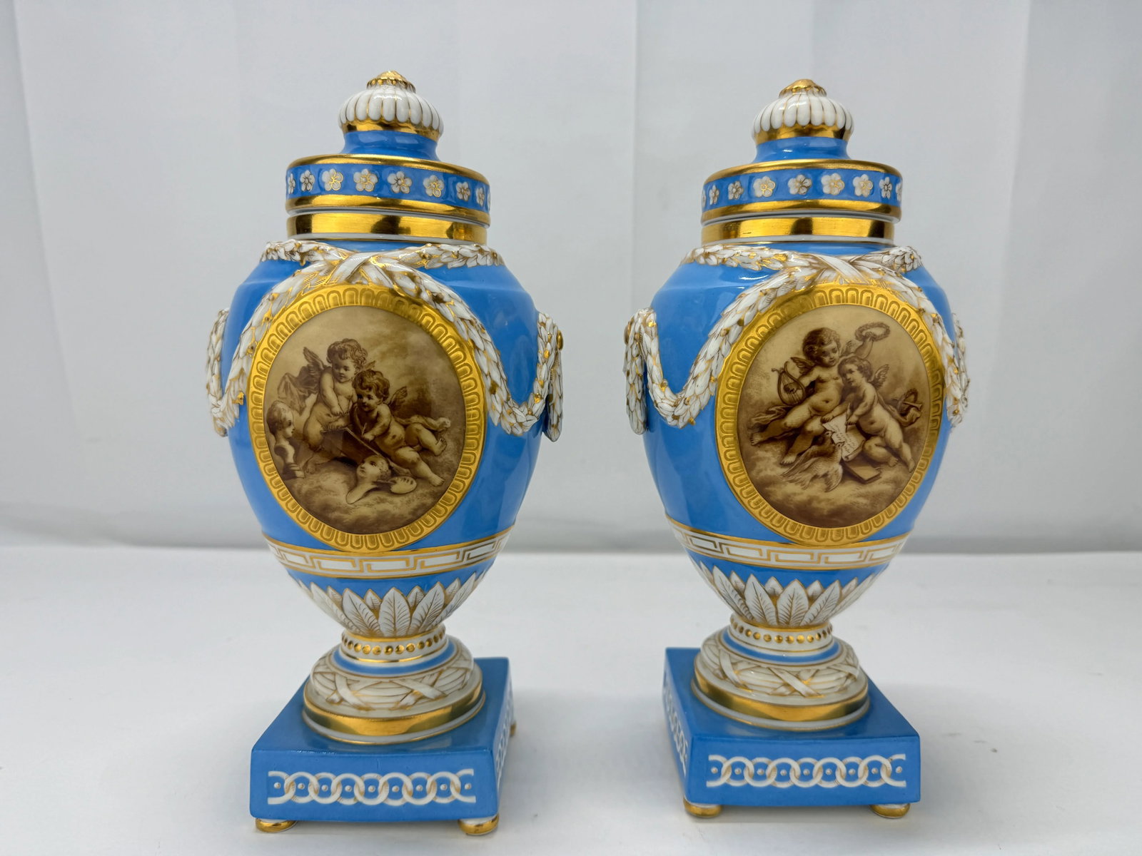 19th C. Kpm Porcelain Celestial Blue Ground & Grisaille Window Urns - Pair - 5
