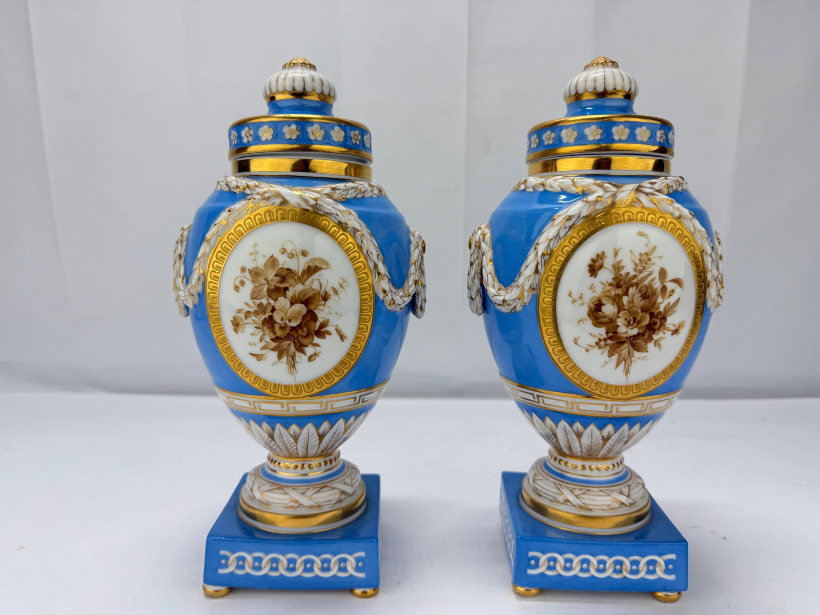 19th C. Kpm Porcelain Celestial Blue Ground & Grisaille Window Urns - Pair - 6