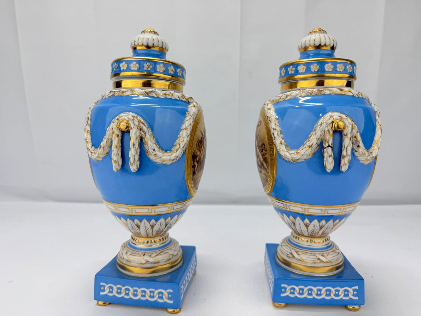 19th C. Kpm Porcelain Celestial Blue Ground & Grisaille Window Urns - Pair - 7