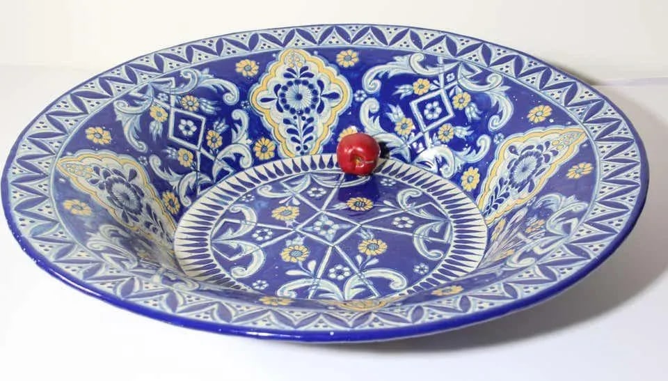 Oversized Blue and White Mexican Talavera Glazed Ceramic Bowl - 10