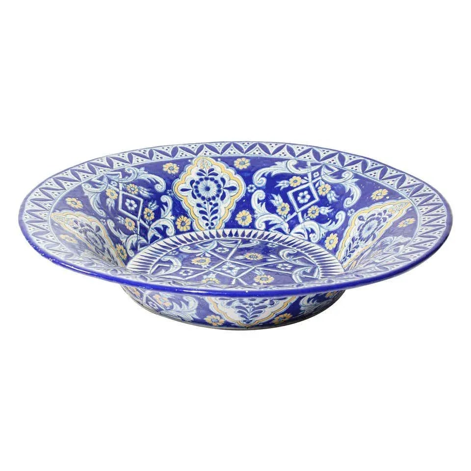 Oversized Blue and White Mexican Talavera Glazed Ceramic Bowl - 11