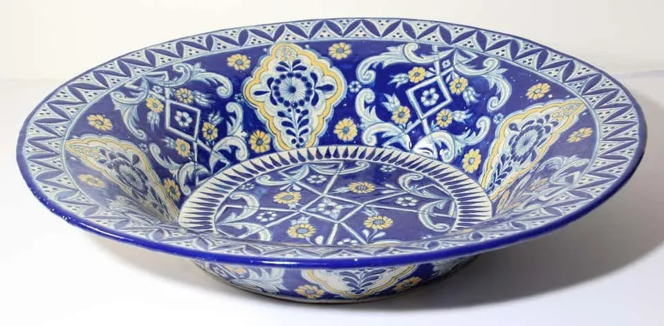 Oversized Blue and White Mexican Talavera Glazed Ceramic Bowl - 4