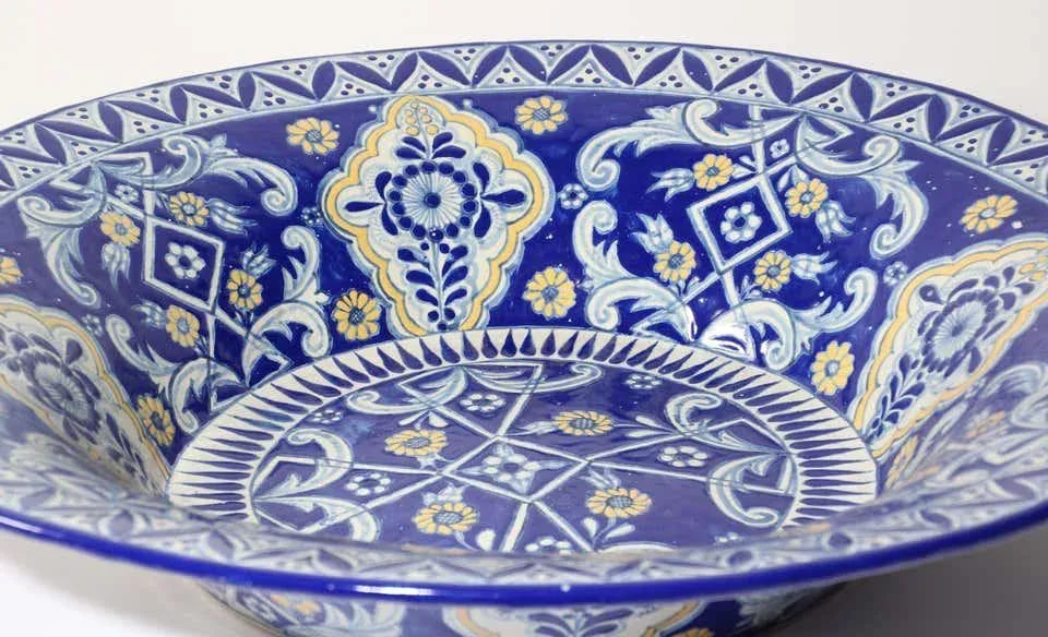 Oversized Blue and White Mexican Talavera Glazed Ceramic Bowl - 5