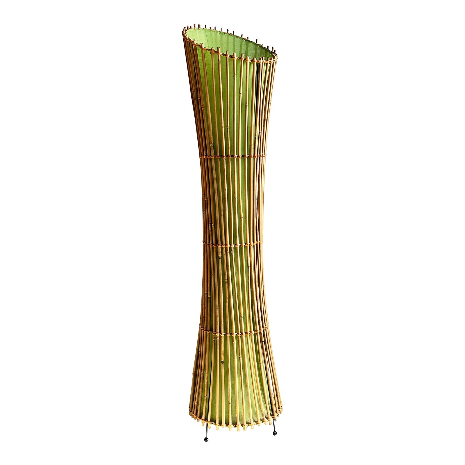 Vintage Mid Century Style BoHo Bamboo & Lime Green Linen 44" Floor Lamp: This sculptural mid-century bamboo floor lamp brings warmth and organic charm to any space. Its gently flared form is crafted from natural bamboo rods, encasing a striking green linen shade that