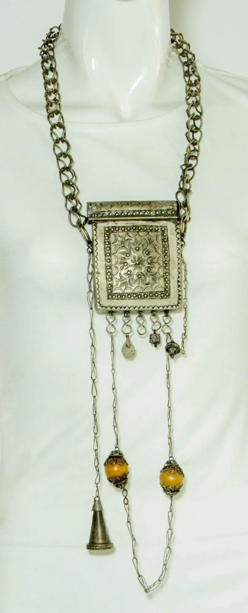 Antique Moroccan Ethnic Talisman Silver Amulet Box Holder - 12