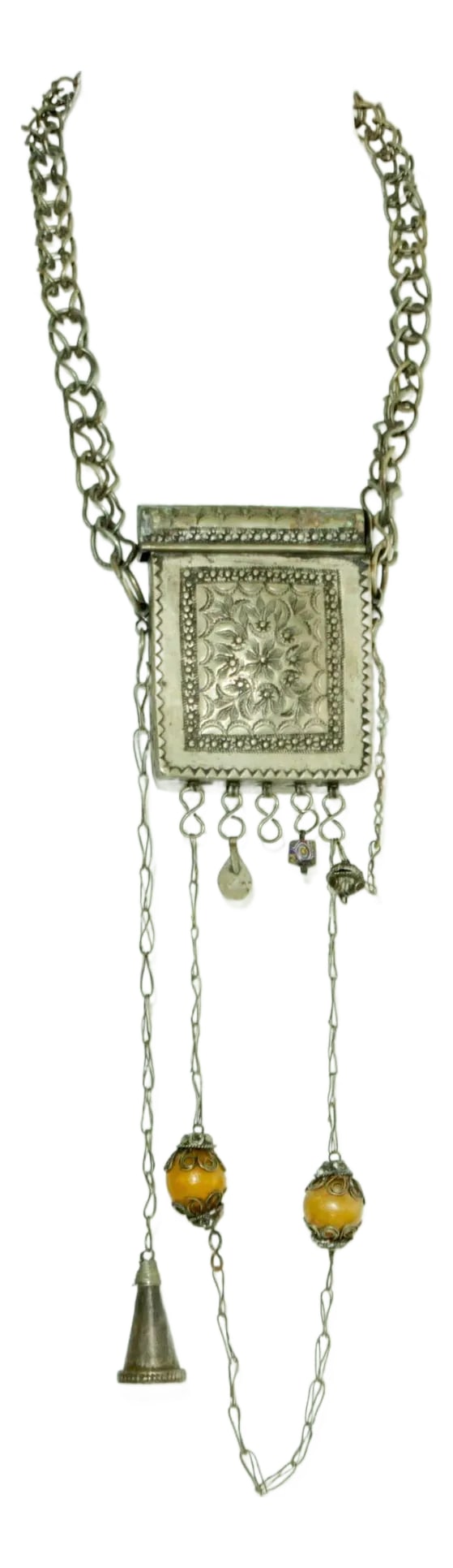 Antique Moroccan Ethnic Talisman Silver Amulet Box Holder: Antique Moroccan Koran Scroll Talisman Box Amulet Holder Made of Metal Silvered Repousse. Large Berber tribal ethnic talisman pendant storage box with a lovely original patina, a rare, large amulet