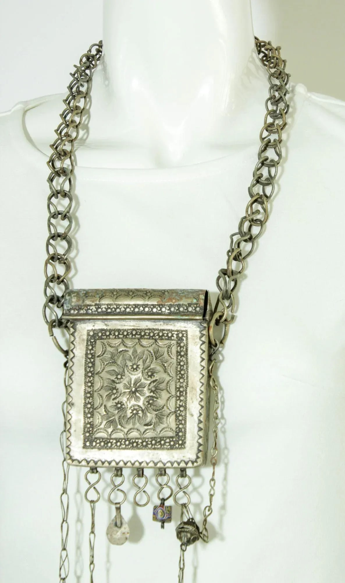 Antique Moroccan Ethnic Talisman Silver Amulet Box Holder - 2