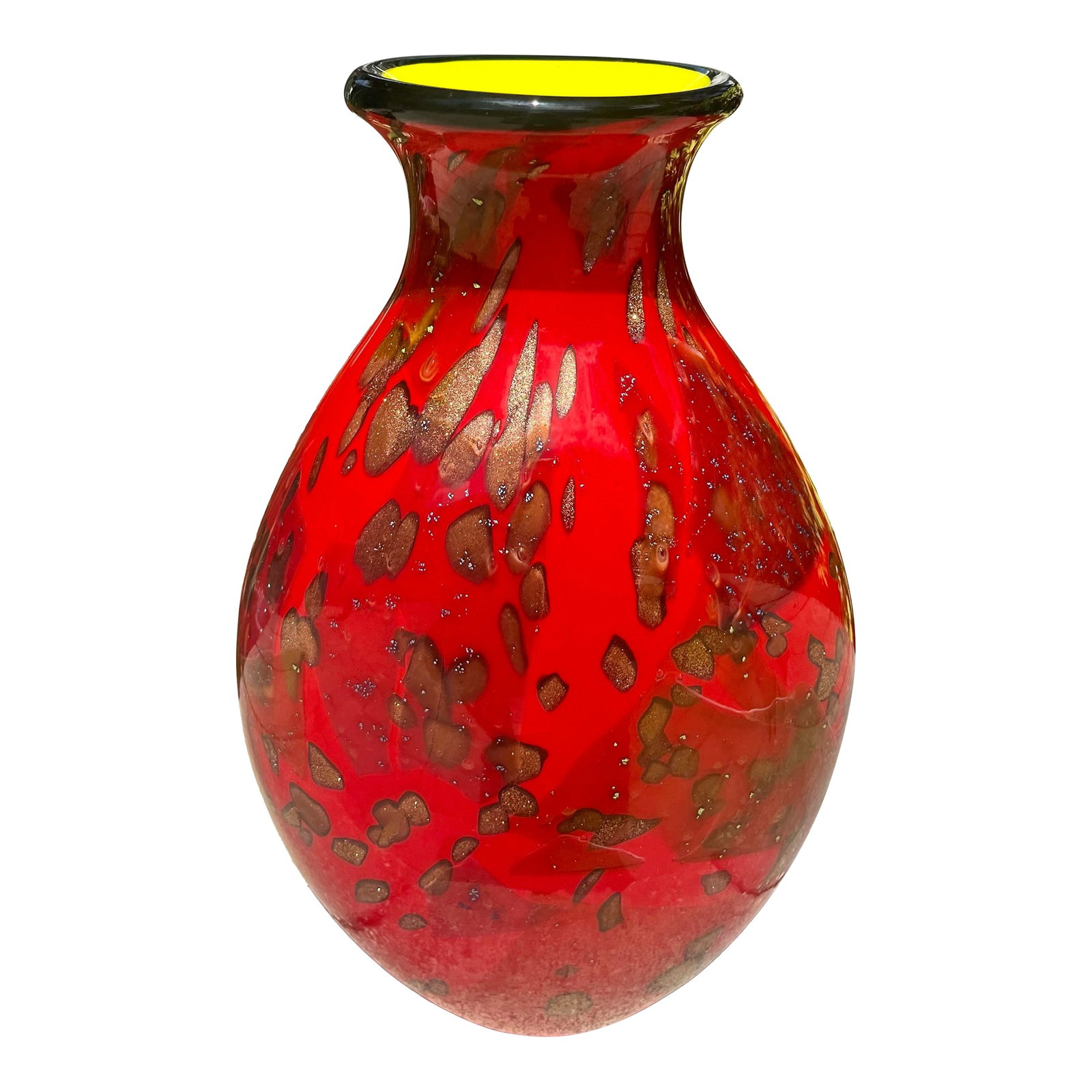 Late 20th Century Murano Red Art Glass Vase From Cristalleria d'Arte: Murano Art Glass Vase from Cristalleria D'Arte. Elegant flowing shape with a deep rich red color and decorative gold elements with abstract characters for added depth and texture. Suitable as both a