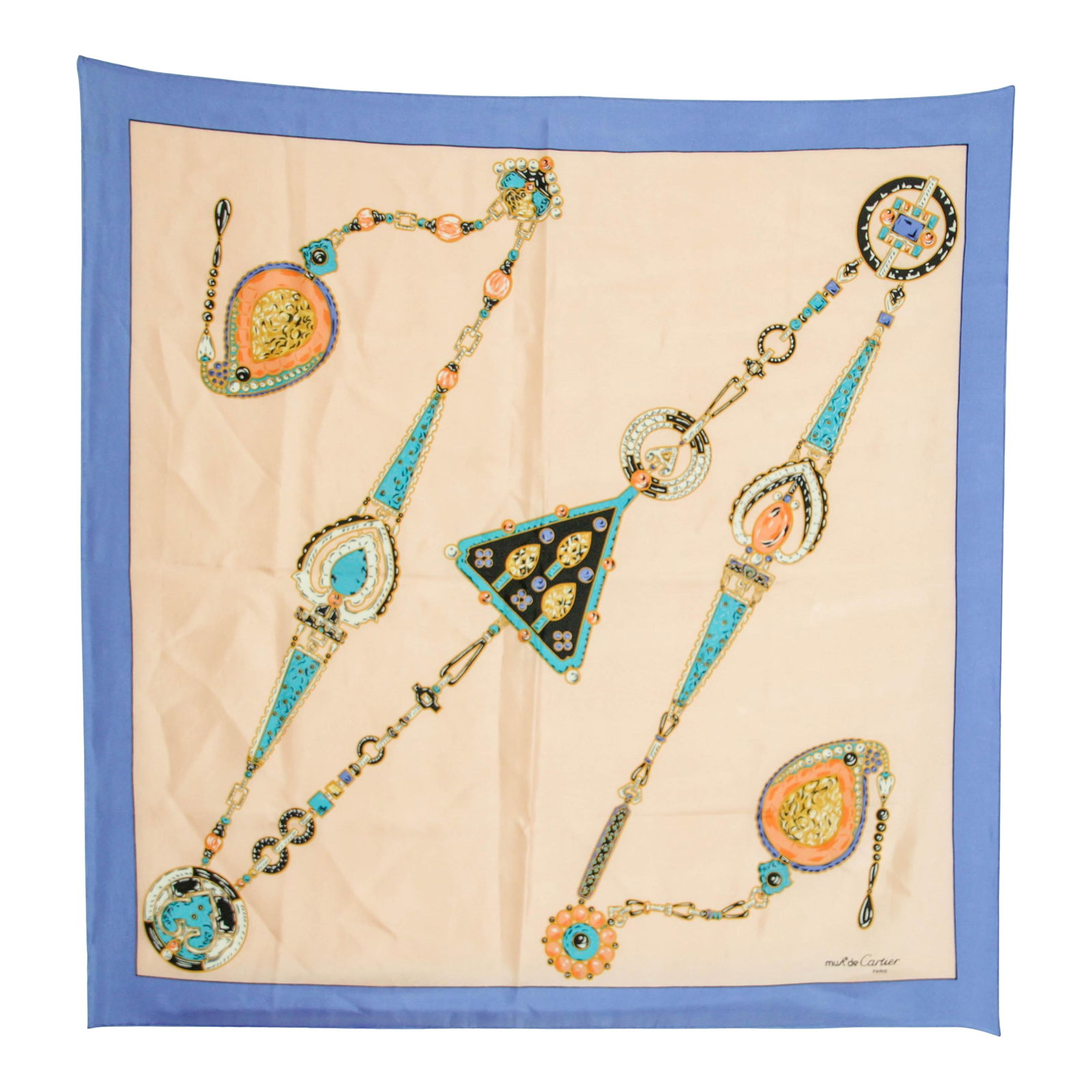 CARTIER Silk Scarf Blue and Salmon Precious Jewels New in Box Paris France (1 of 12)