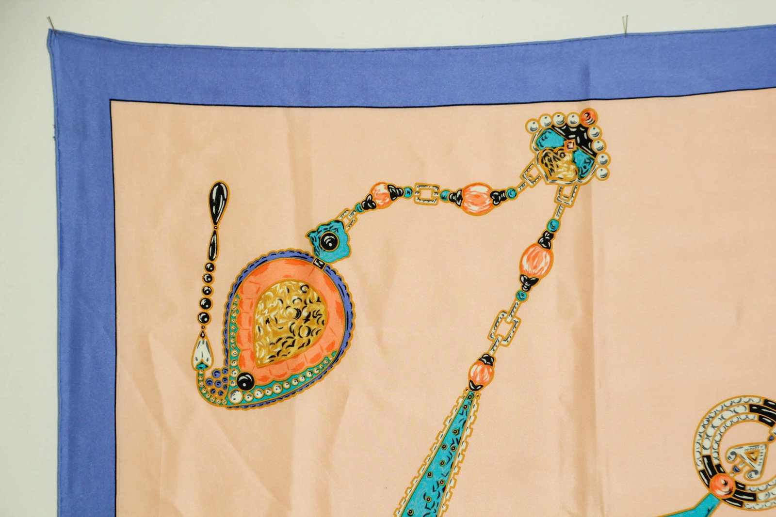 CARTIER Silk Scarf Blue and Salmon Precious Jewels New in Box Paris France - 5