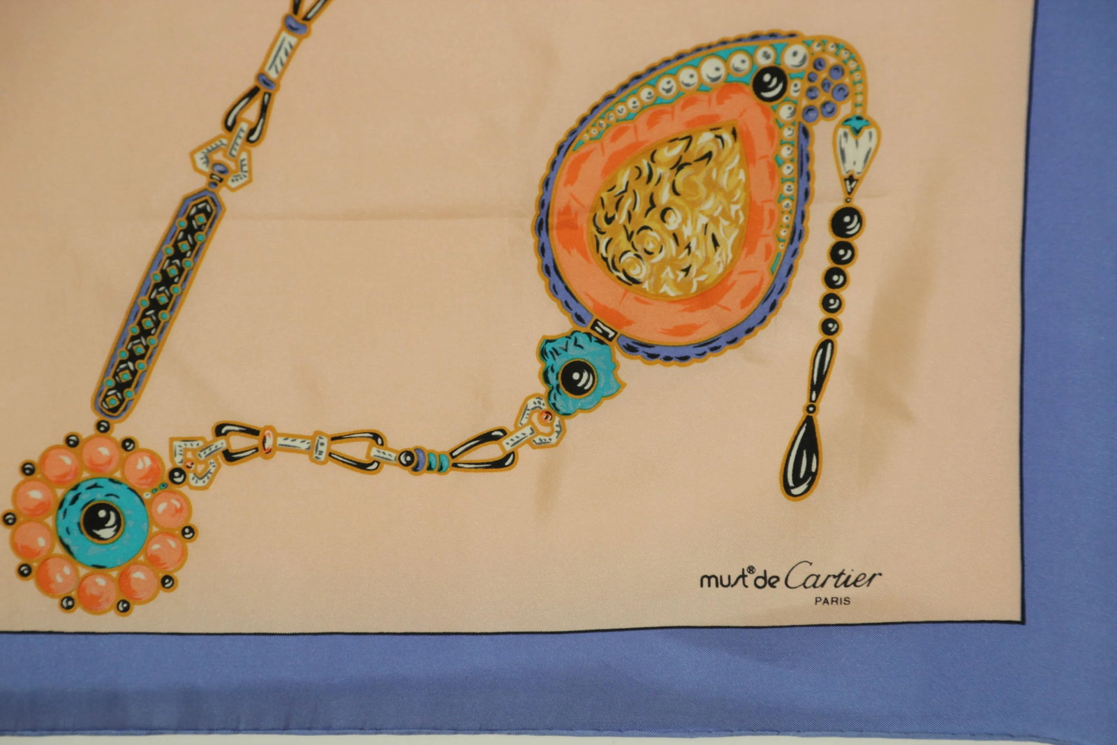 CARTIER Silk Scarf Blue and Salmon Precious Jewels New in Box Paris France - 9