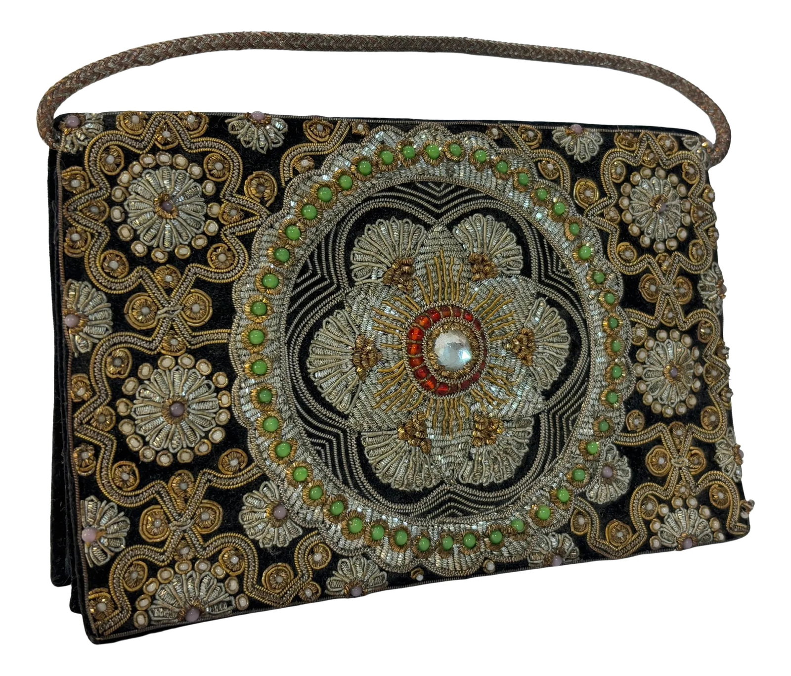 Black Velvet and Silk Embroidered 1960s Zardozi Zari Gemstone Clutch India: Vintage 1960s Zardozi Zari gemstone clutch. Beautiful 1960s Zardozi Zari gem-set black velvet and silk embroidered with beads evening jeweled luxury purse. The silk velvet rectangular bag, embroidered