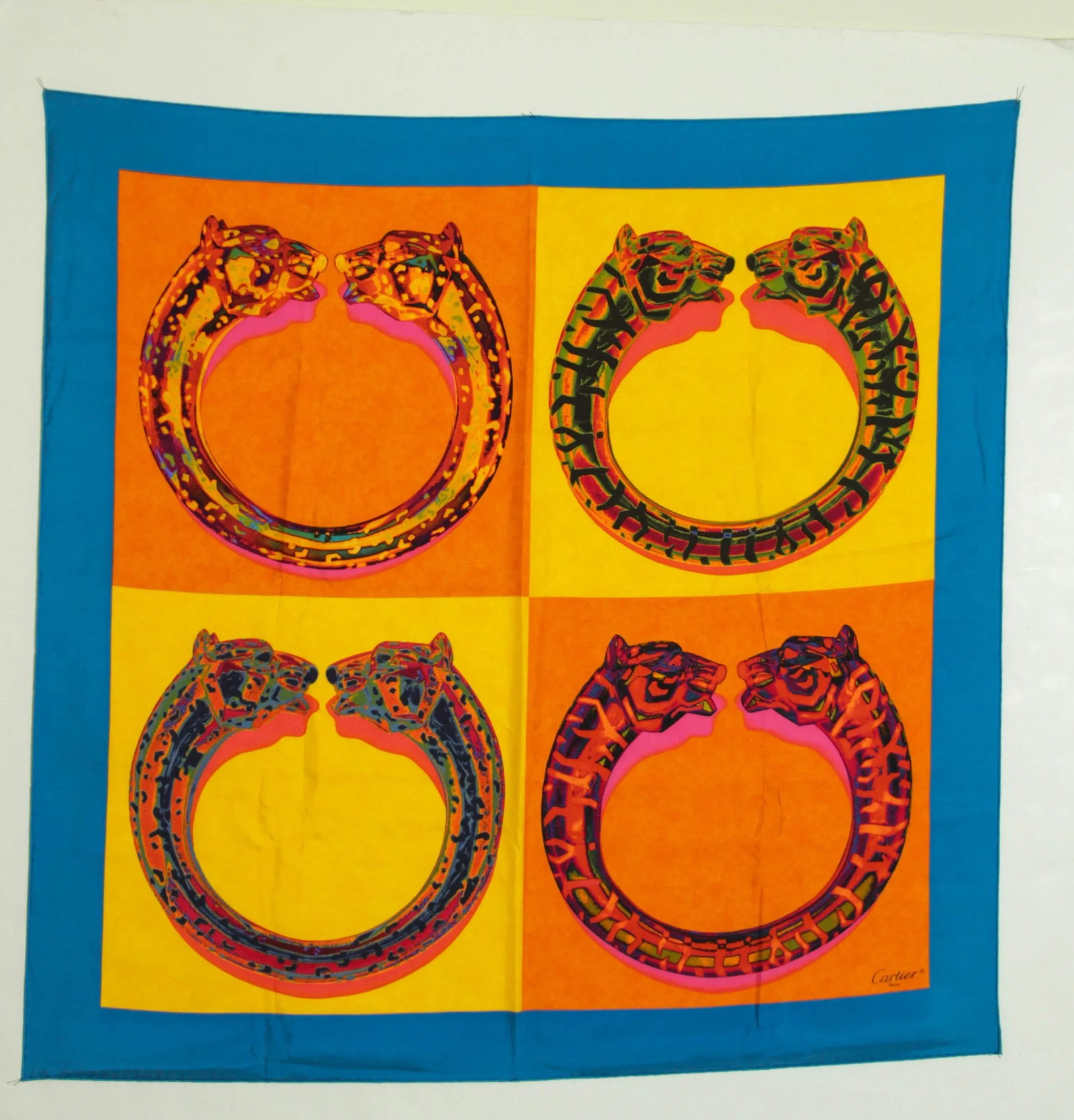 CARTIER Paris Silk Scarf Blue and Yellow Panther Bracelets in Box - 11