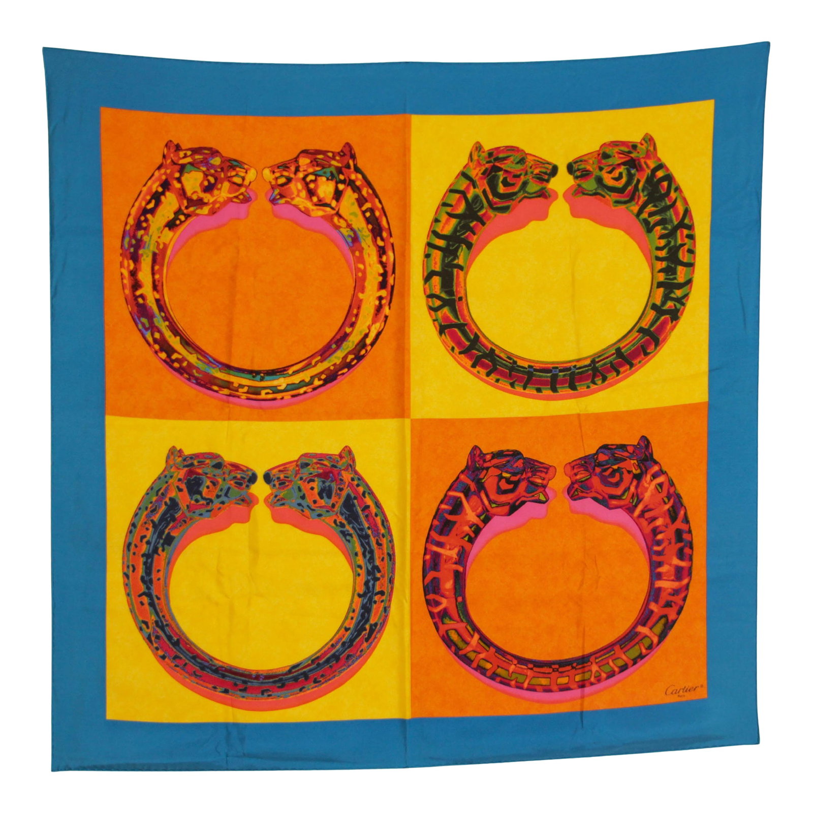 CARTIER Paris Silk Scarf Blue and Yellow Panther Bracelets in Box: CARTIER Paris in Box Elegant Silk Scarf . Blue border with a gold yellow and orange background with feline and sensual grace , the legendary bracelets by Cartier. The Cartier Silk Print Scarf is a