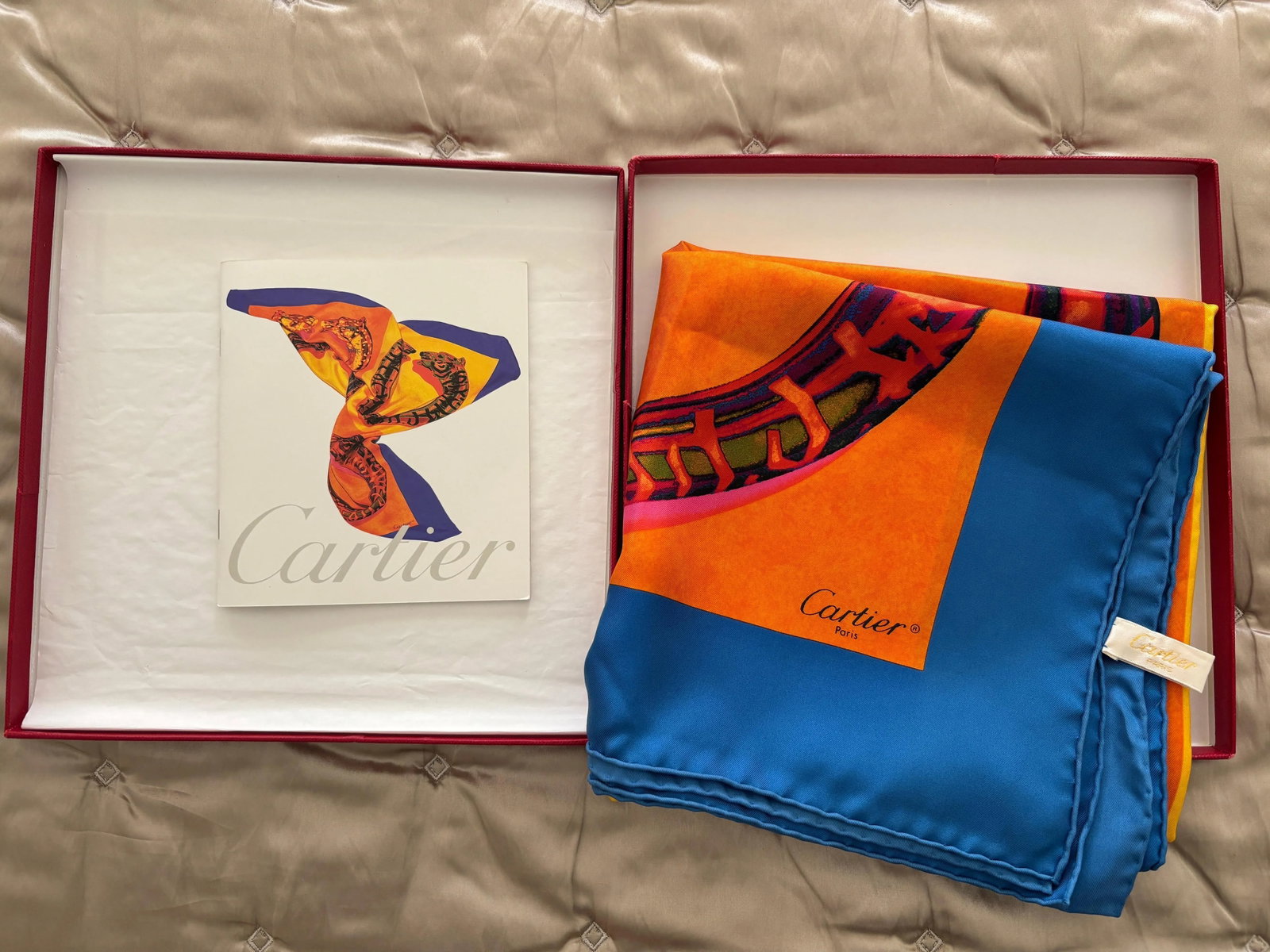 CARTIER Paris Silk Scarf Blue and Yellow Panther Bracelets in Box - 2