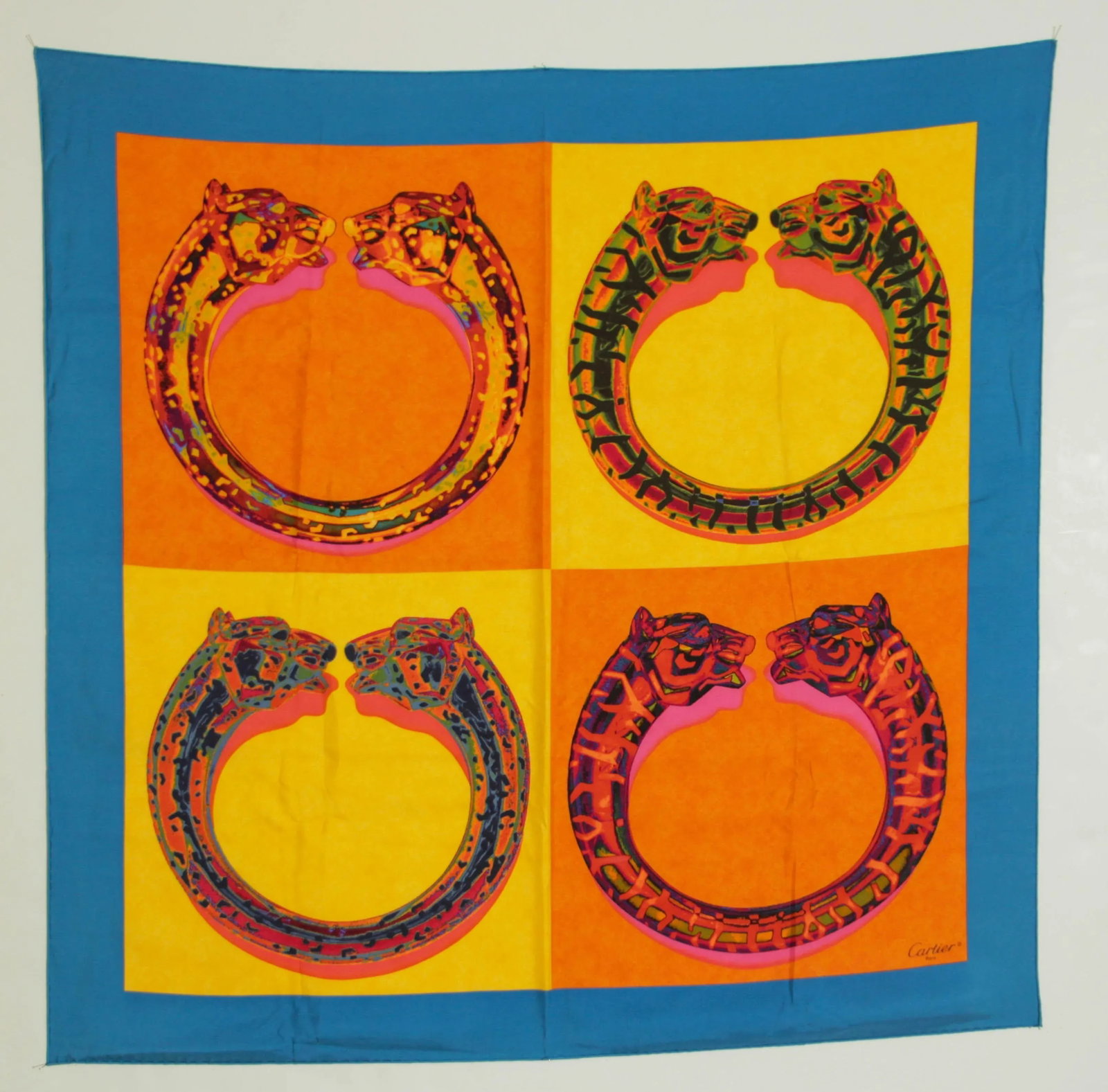CARTIER Paris Silk Scarf Blue and Yellow Panther Bracelets in Box - 5