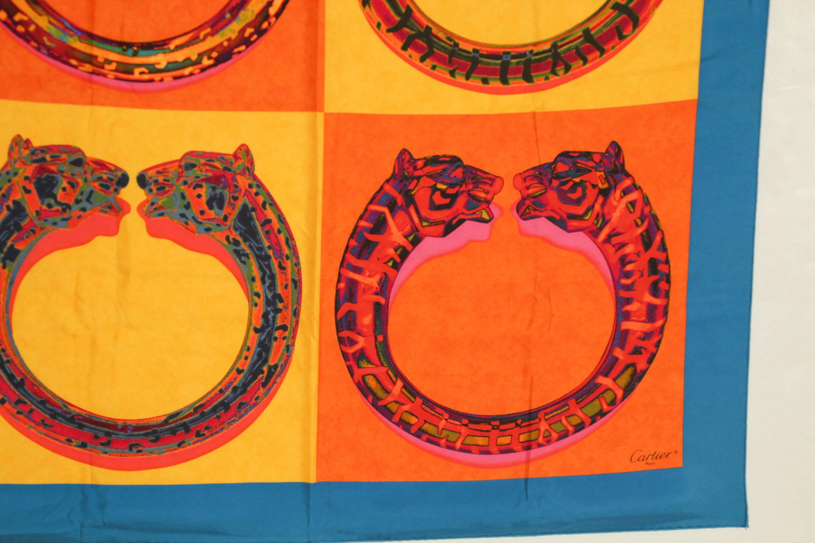 CARTIER Paris Silk Scarf Blue and Yellow Panther Bracelets in Box - 8