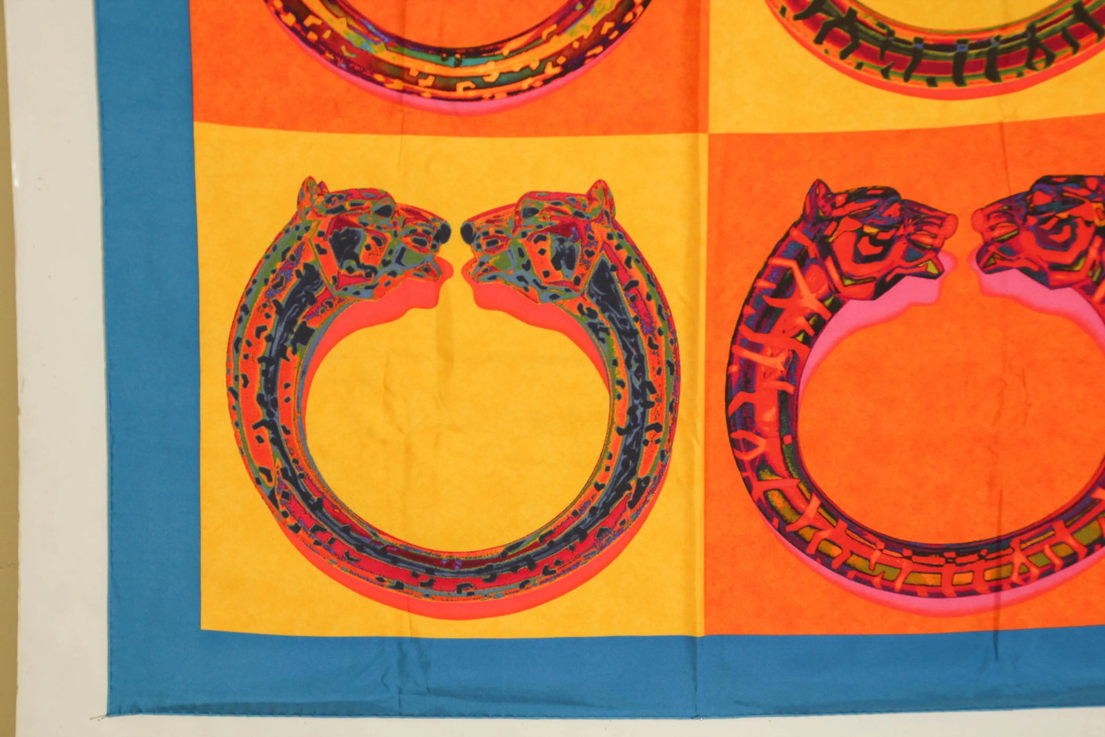 CARTIER Paris Silk Scarf Blue and Yellow Panther Bracelets in Box - 9