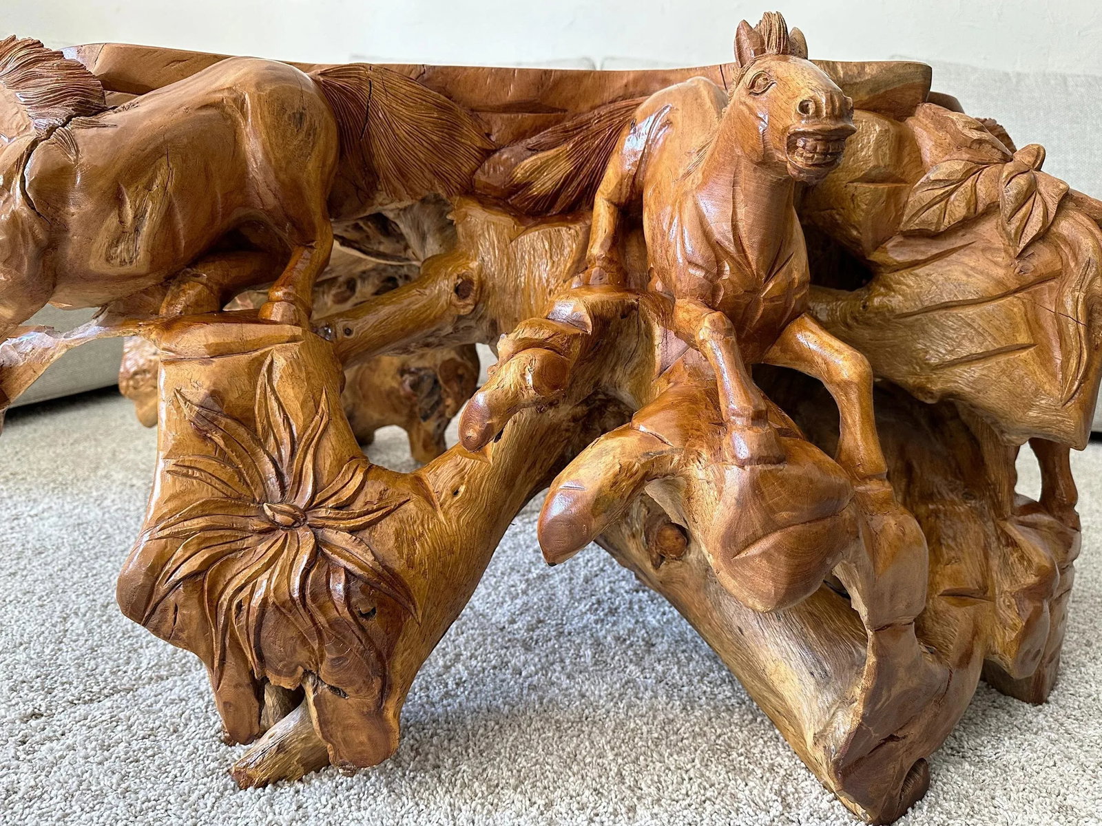 1990s Hand Carved Horse Boho Equestrian Wood Teak Root Coffee Table - 2