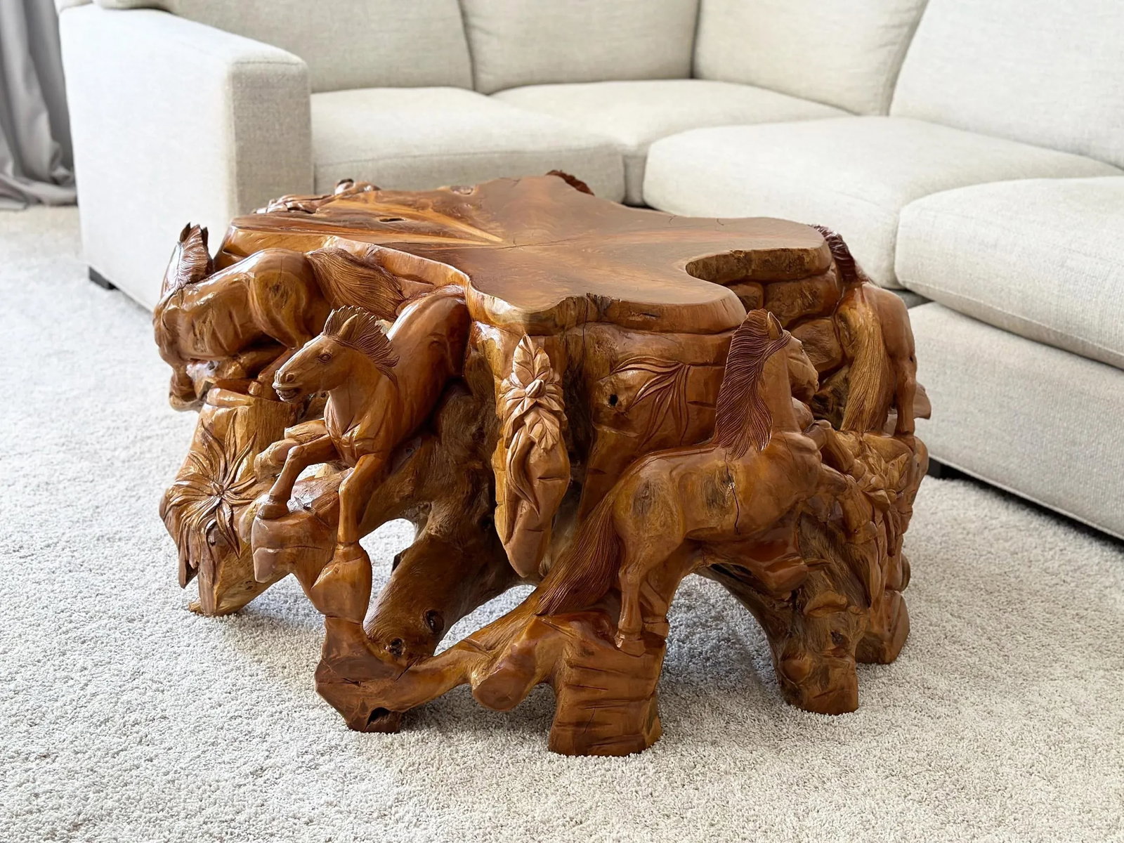 1990s Hand Carved Horse Boho Equestrian Wood Teak Root Coffee Table - 3