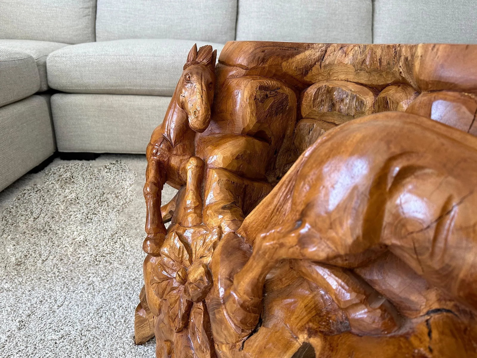1990s Hand Carved Horse Boho Equestrian Wood Teak Root Coffee Table - 4