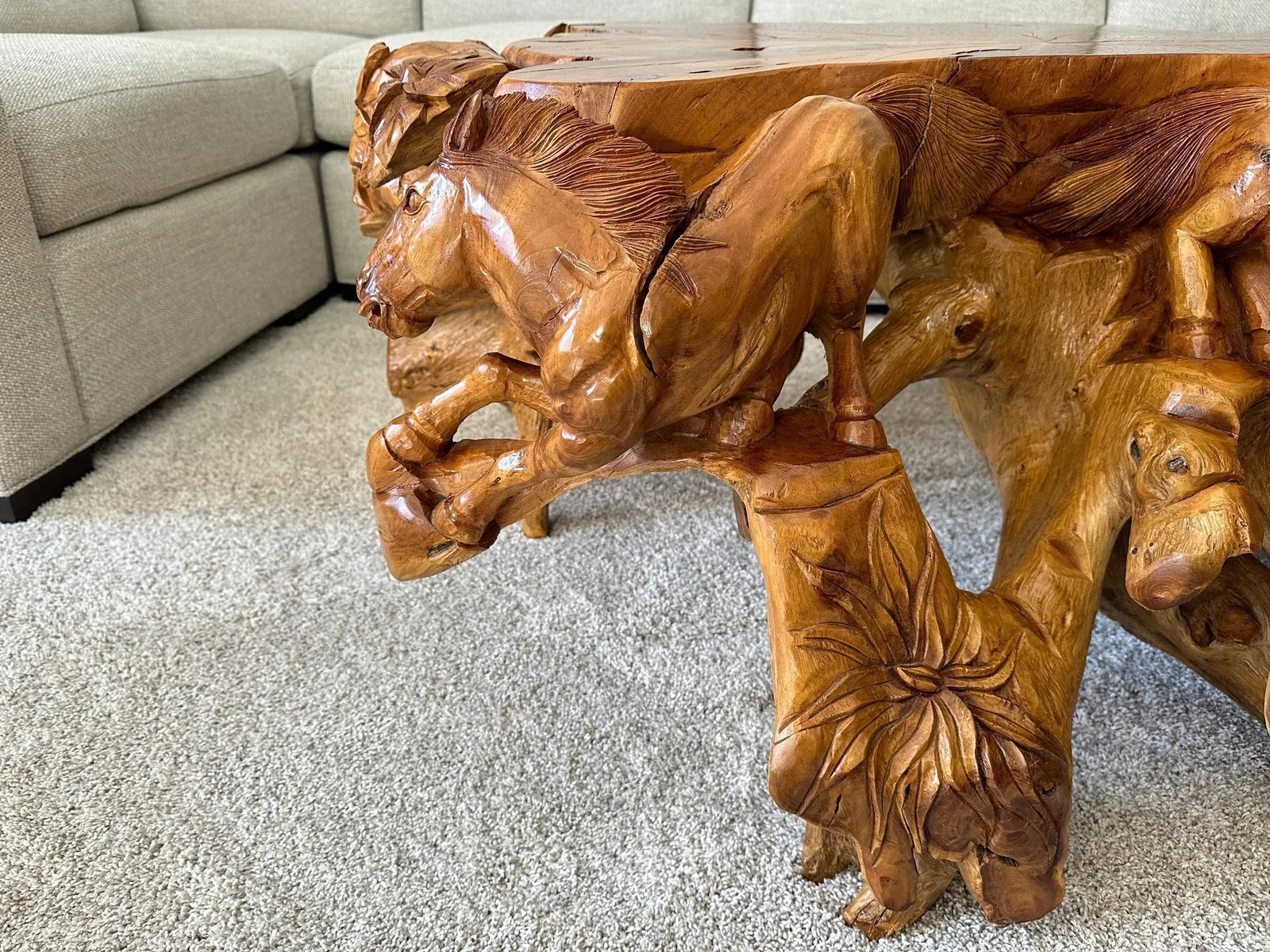 1990s Hand Carved Horse Boho Equestrian Wood Teak Root Coffee Table - 6
