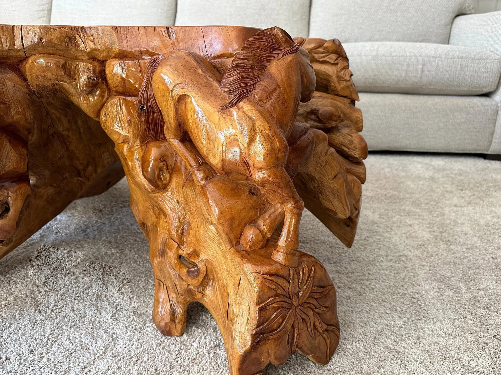 1990s Hand Carved Horse Boho Equestrian Wood Teak Root Coffee Table - 7