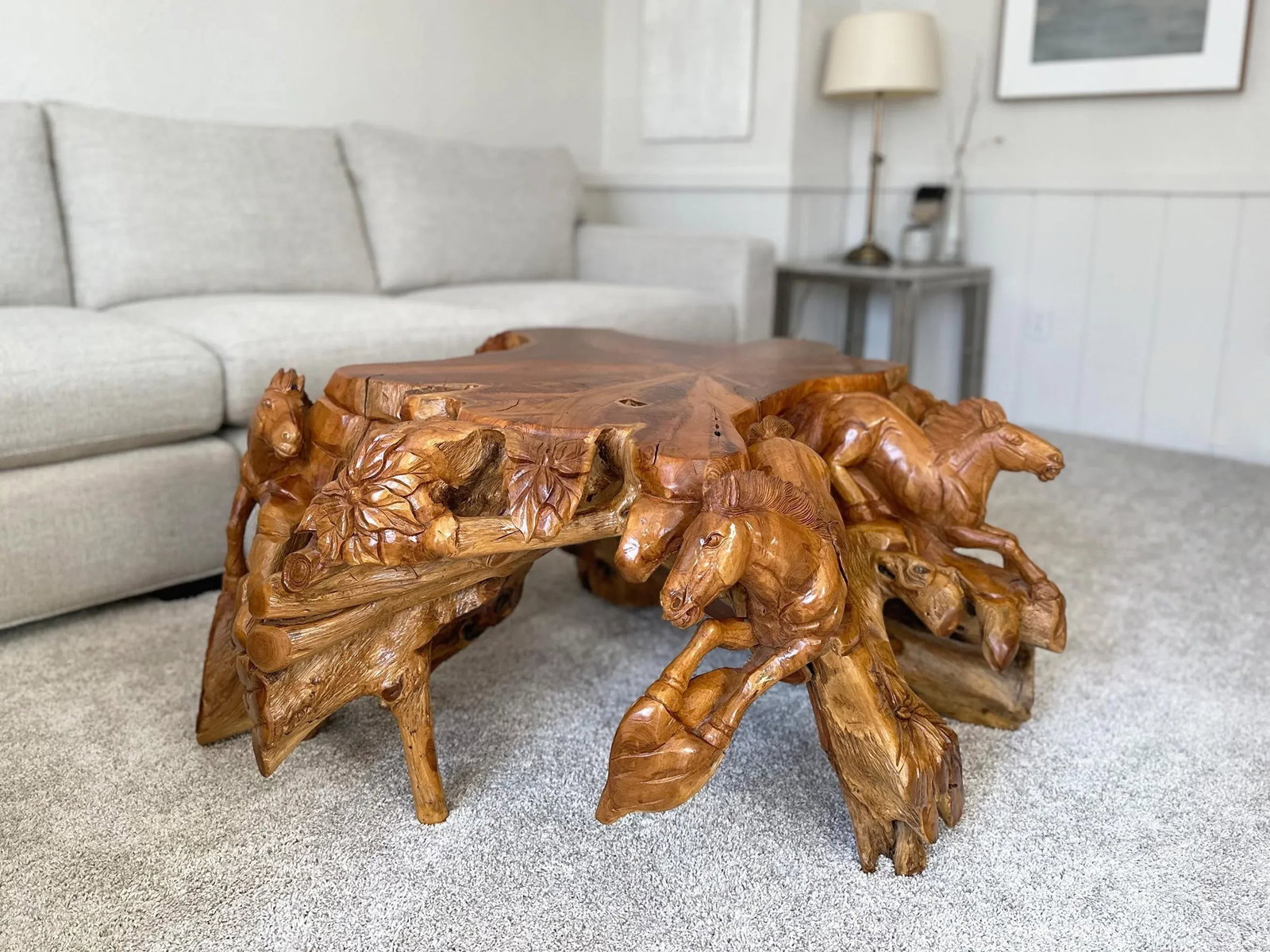 1990s Hand Carved Horse Boho Equestrian Wood Teak Root Coffee Table - 8