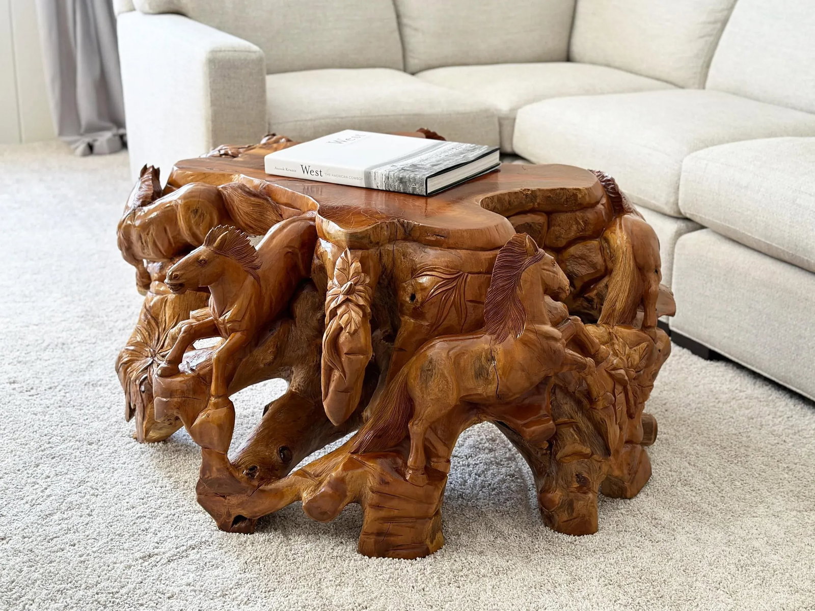 1990s Hand Carved Horse Boho Equestrian Wood Teak Root Coffee Table - 9