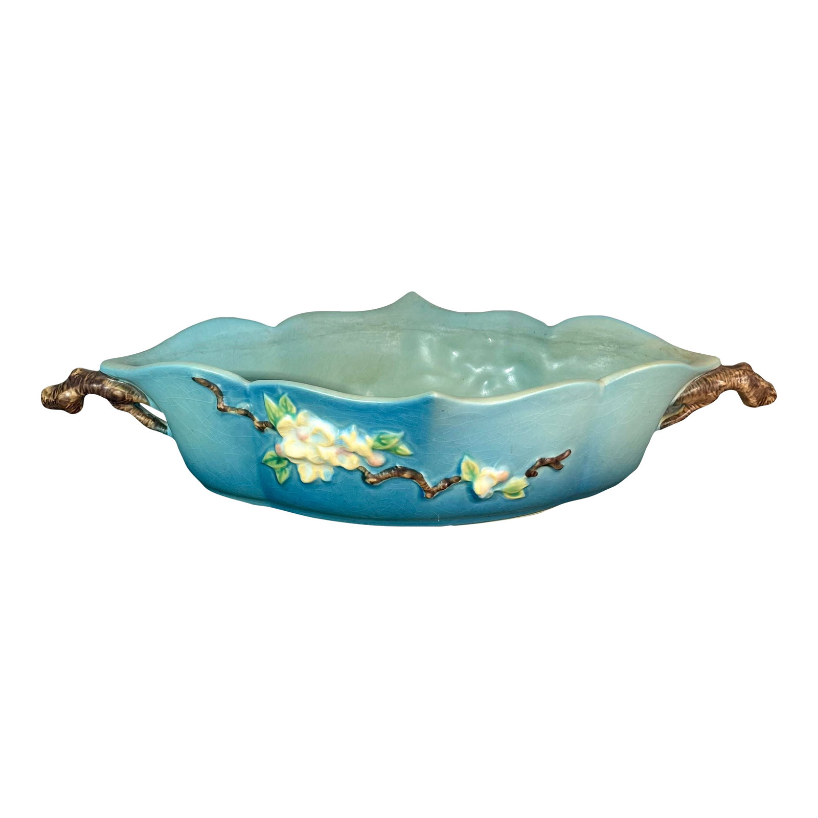 1940s Roseville Apple Blossom Blue Oval Handled Bowl: White and pink blossoms on a sky blue background. Brown detailed branch like handles. C. 1949. Condition: Alterations: Original Condition Unaltered Imperfections: Some Imperfections Condition Notes: